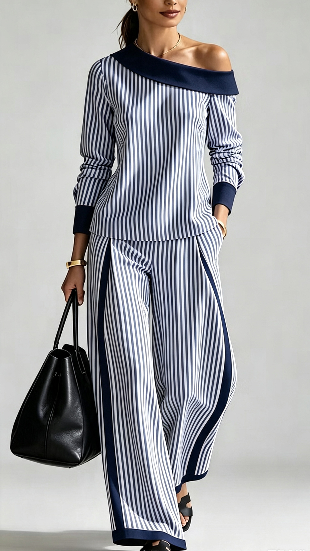 Women's Fashion Striped Color Block Slant Pockets Wide Set