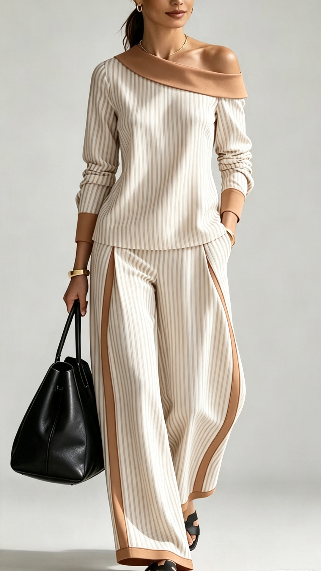 Women's Fashion Striped Color Block Slant Pockets Wide Set