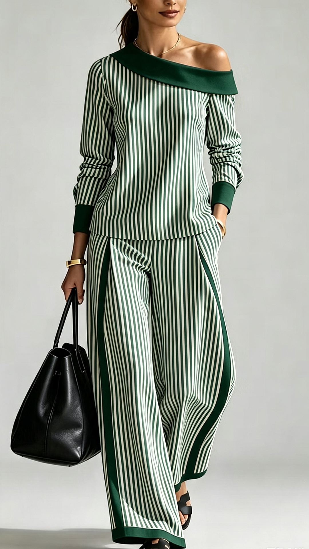 Women's Fashion Striped Color Block Slant Pockets Wide Set