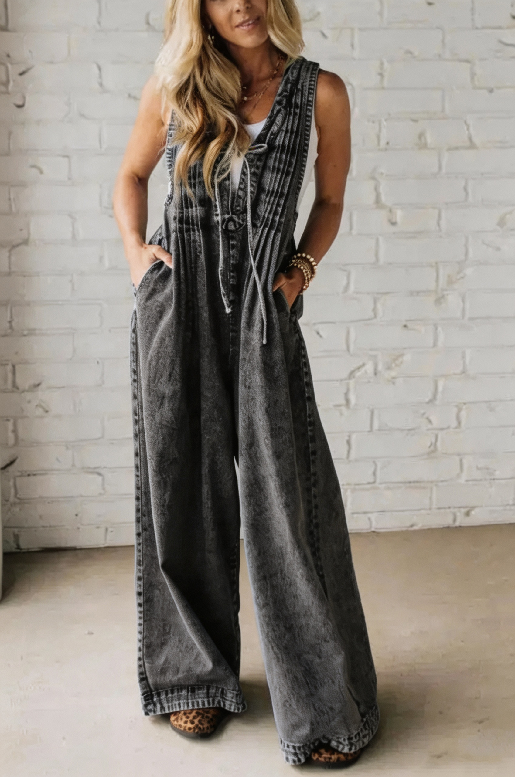 Acid Wash Pintuck Jumpsuit