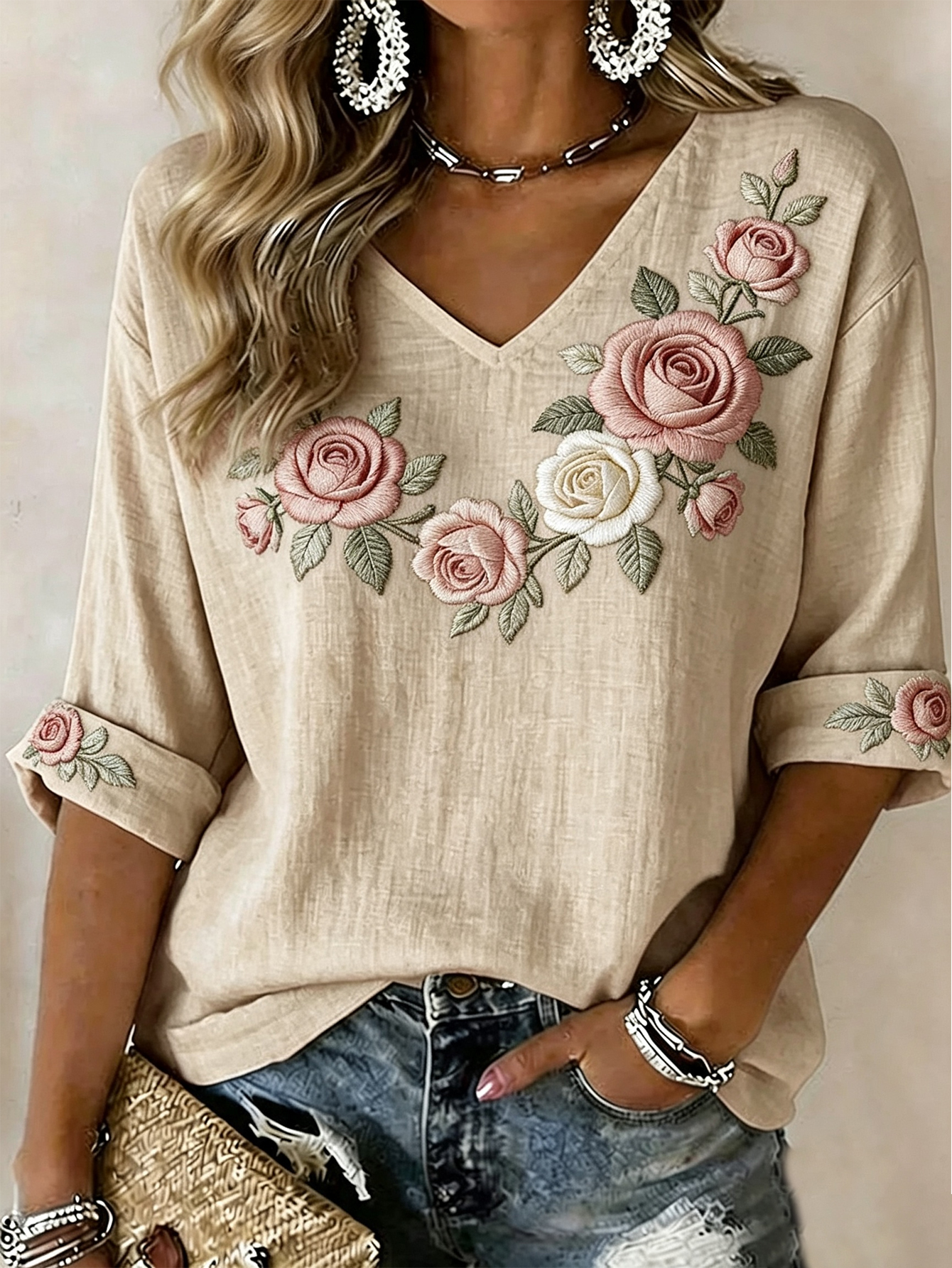 Women's Romantic Rose-Print Linen-Blend Shirt