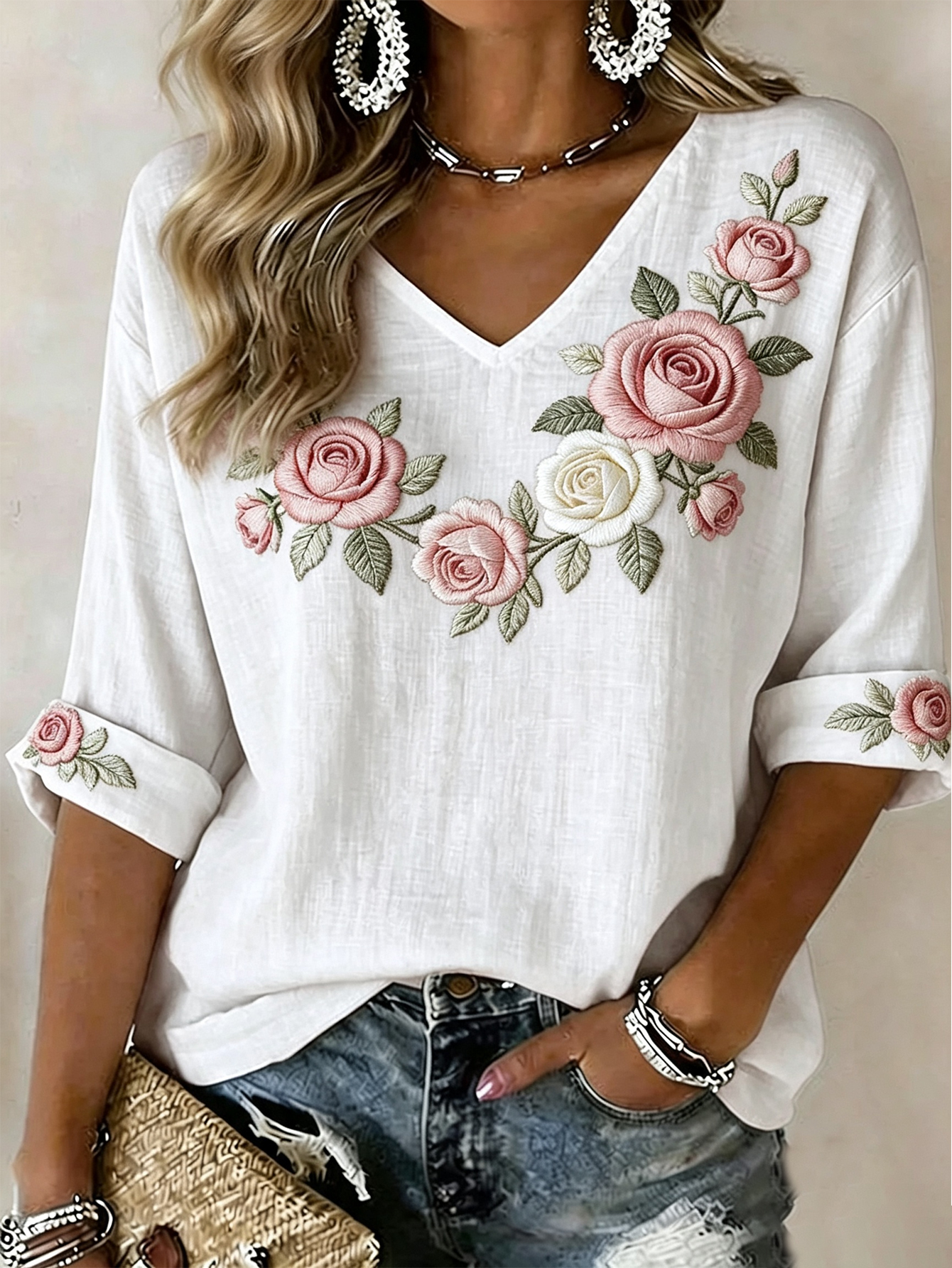 Women's Romantic Rose-Print Linen-Blend Shirt
