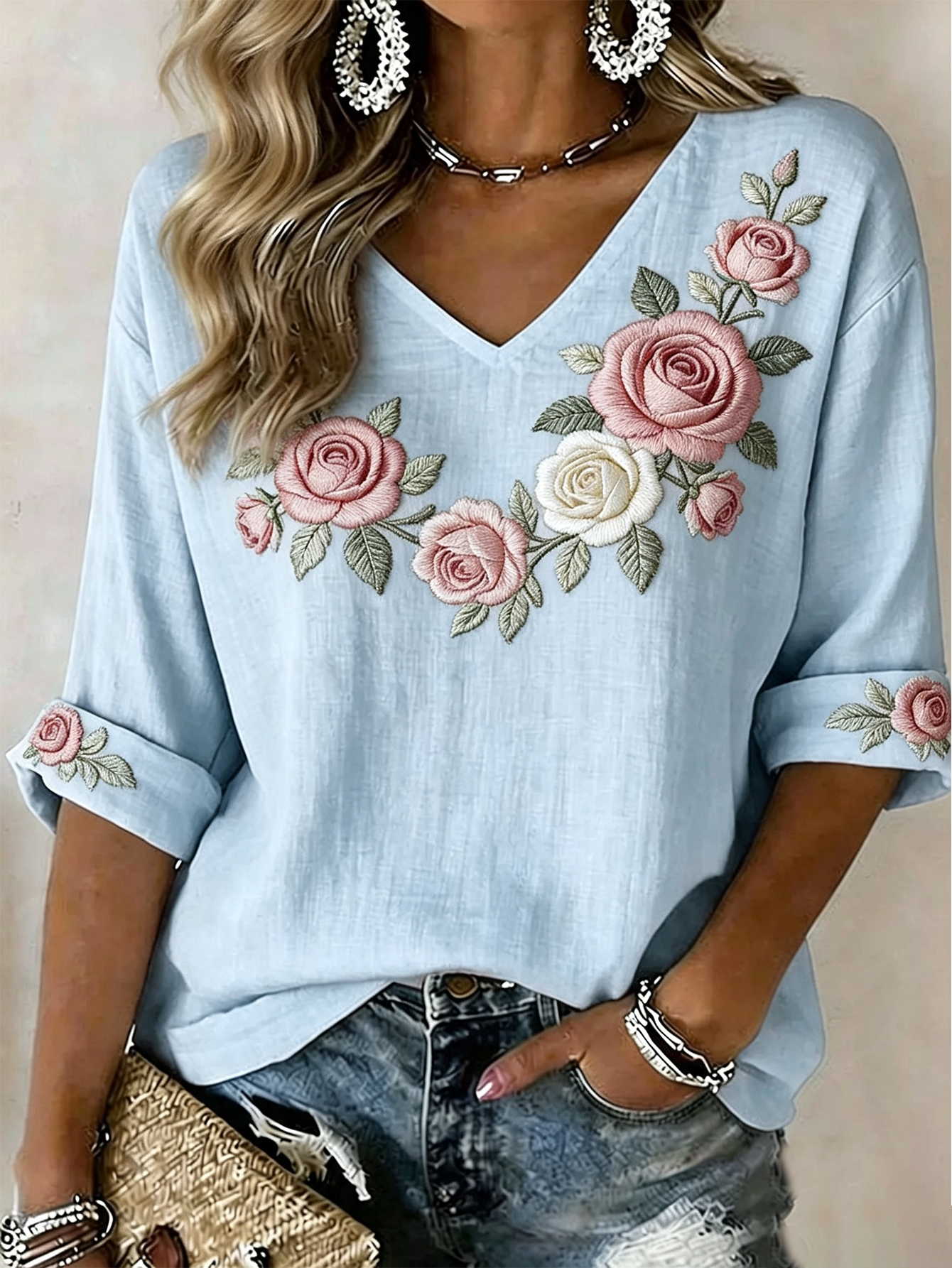 Women's Romantic Rose-Print Linen-Blend Shirt