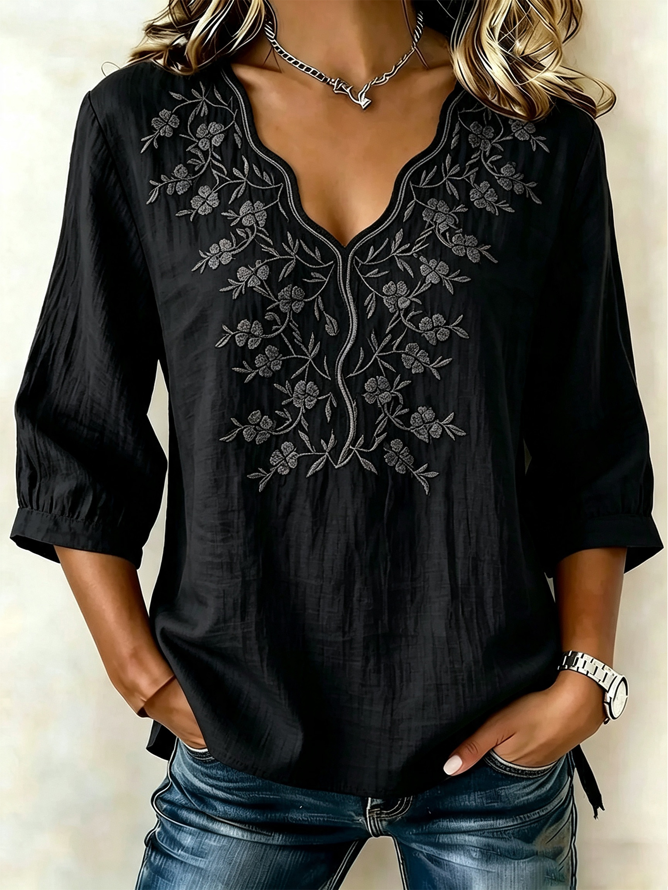 Women's Floral Cotton-Linen Casual T-Shirt
