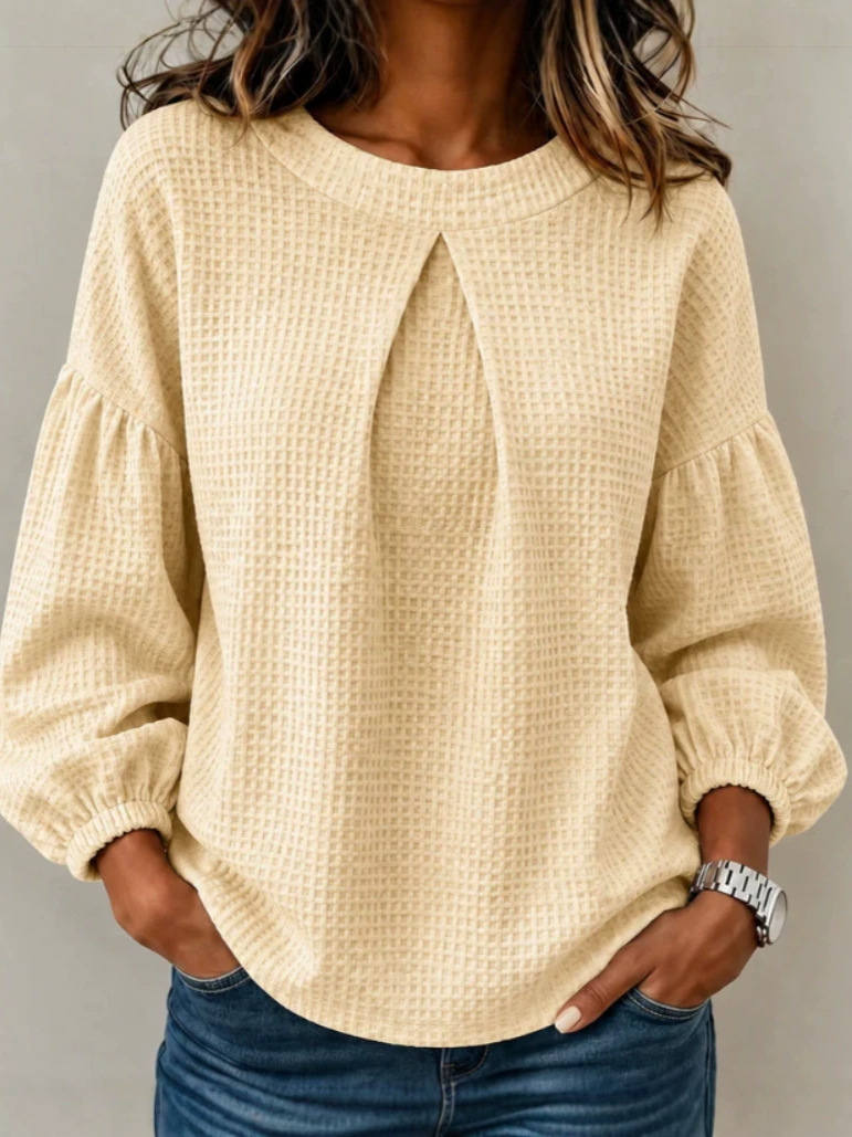 Waffle Knit Pleated Neck Lantern Long Sleeve Top