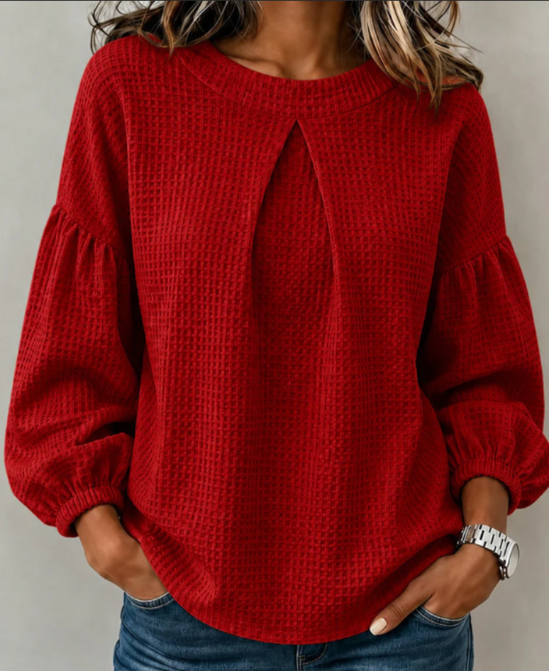 Waffle Knit Pleated Neck Lantern Long Sleeve Top