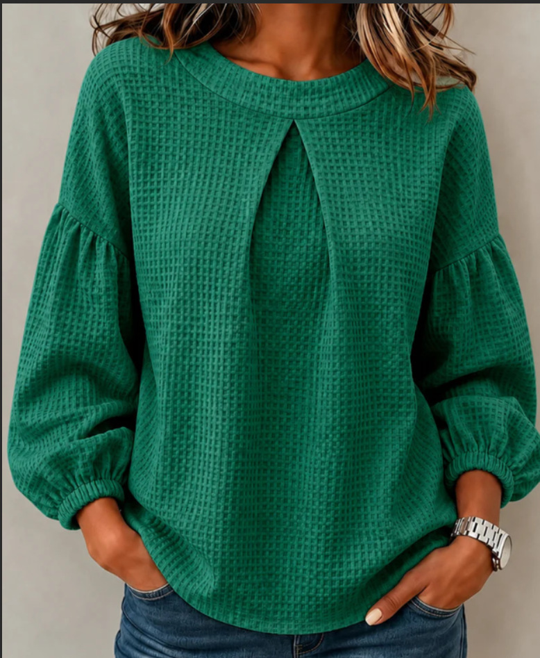 Waffle Knit Pleated Neck Lantern Long Sleeve Top