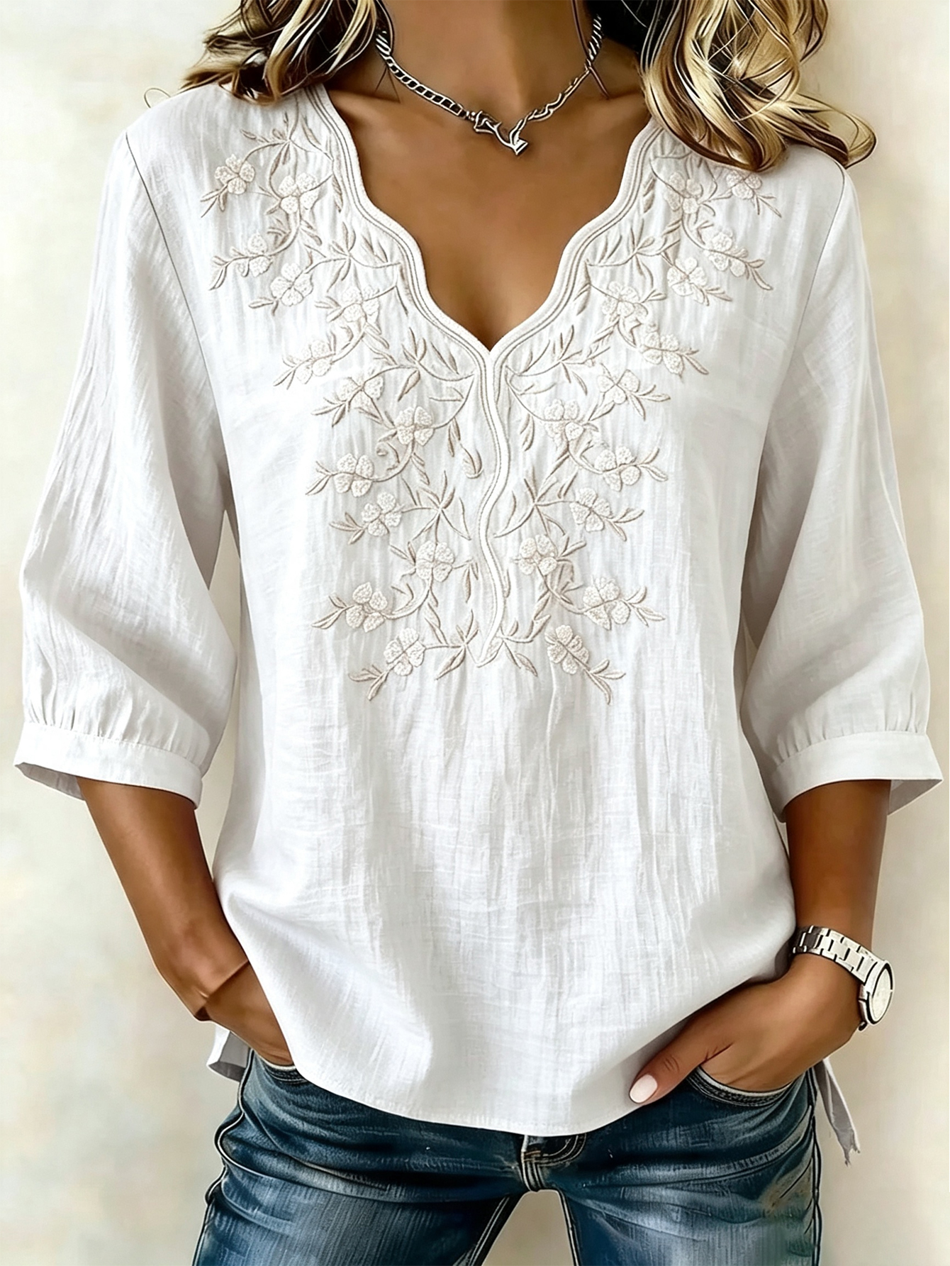 Women's Floral Cotton-Linen Casual T-Shirt