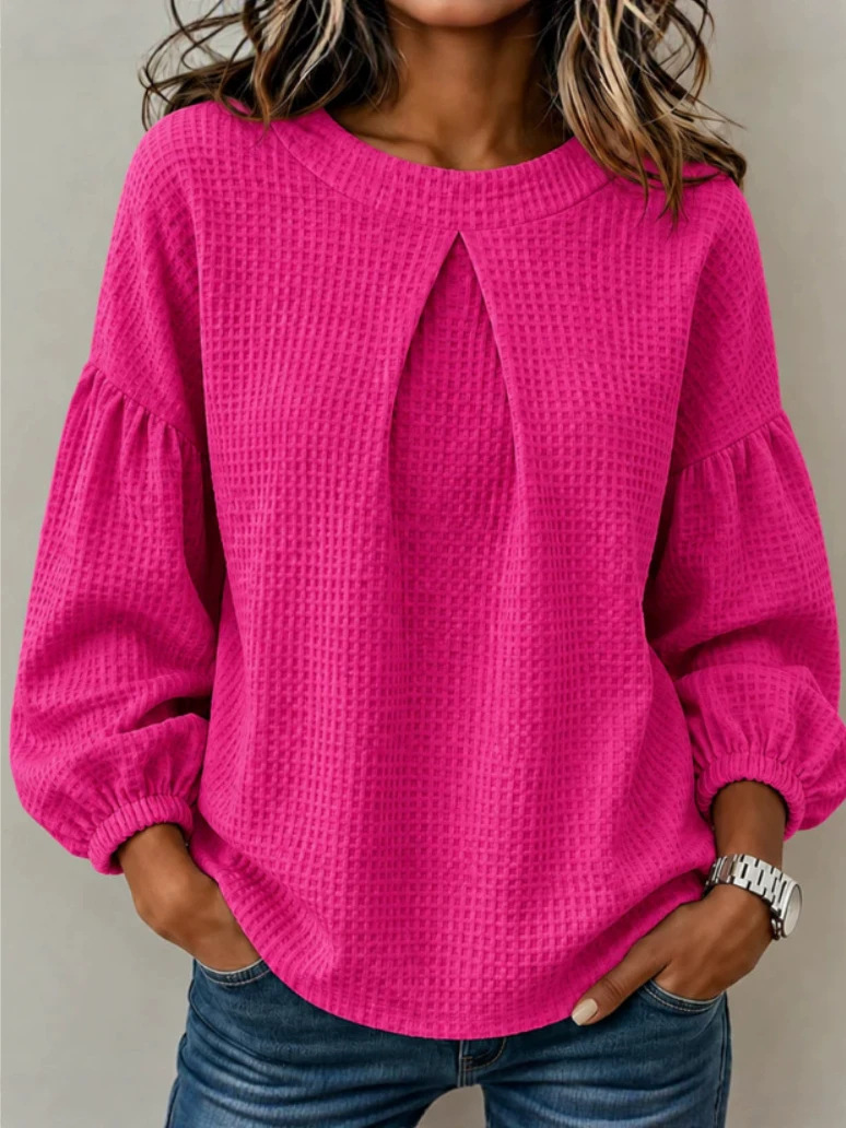 Waffle Knit Pleated Neck Lantern Long Sleeve Top
