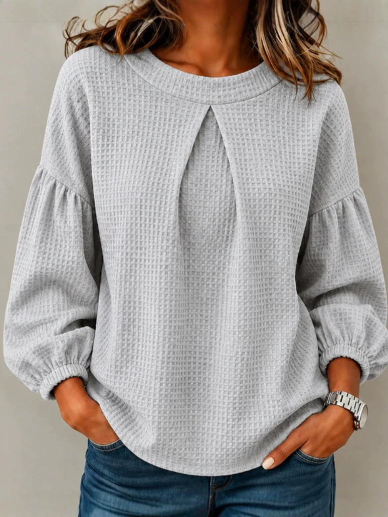 Waffle Knit Pleated Neck Lantern Long Sleeve Top