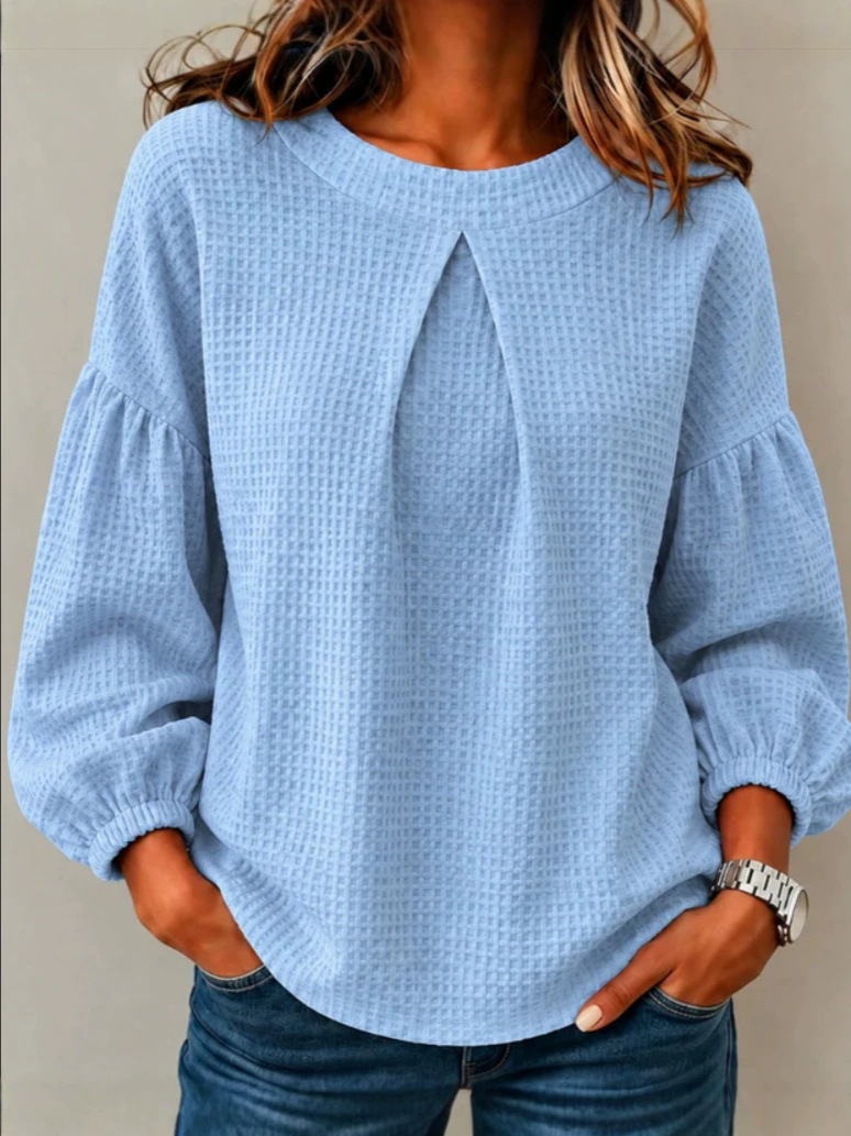 Waffle Knit Pleated Neck Lantern Long Sleeve Top