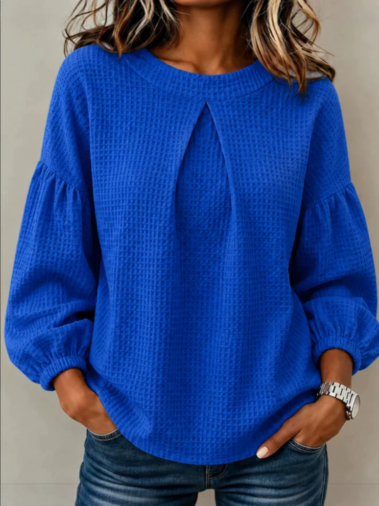 Waffle Knit Pleated Neck Lantern Long Sleeve Top