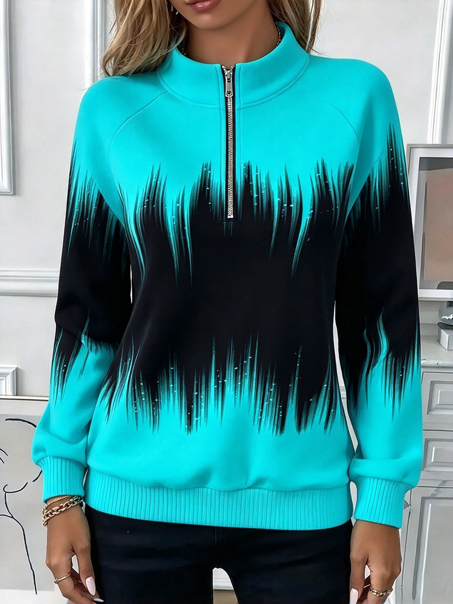 Women's Turquoise Abstract Print Half-Zip Sweatshirt