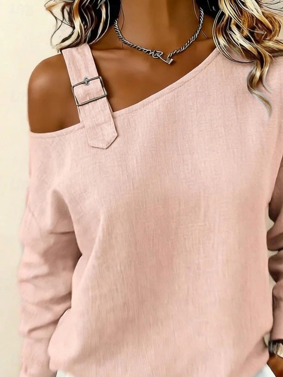 【BUY 2 FREE SHIPPING】Women's Shirt Blouse Off The Shoulder Tops Solid Color Plain Elegant Casual Long Sleeve Off Shoulder Long Tops Casual Light Blue Black White Yellow Pink Spring