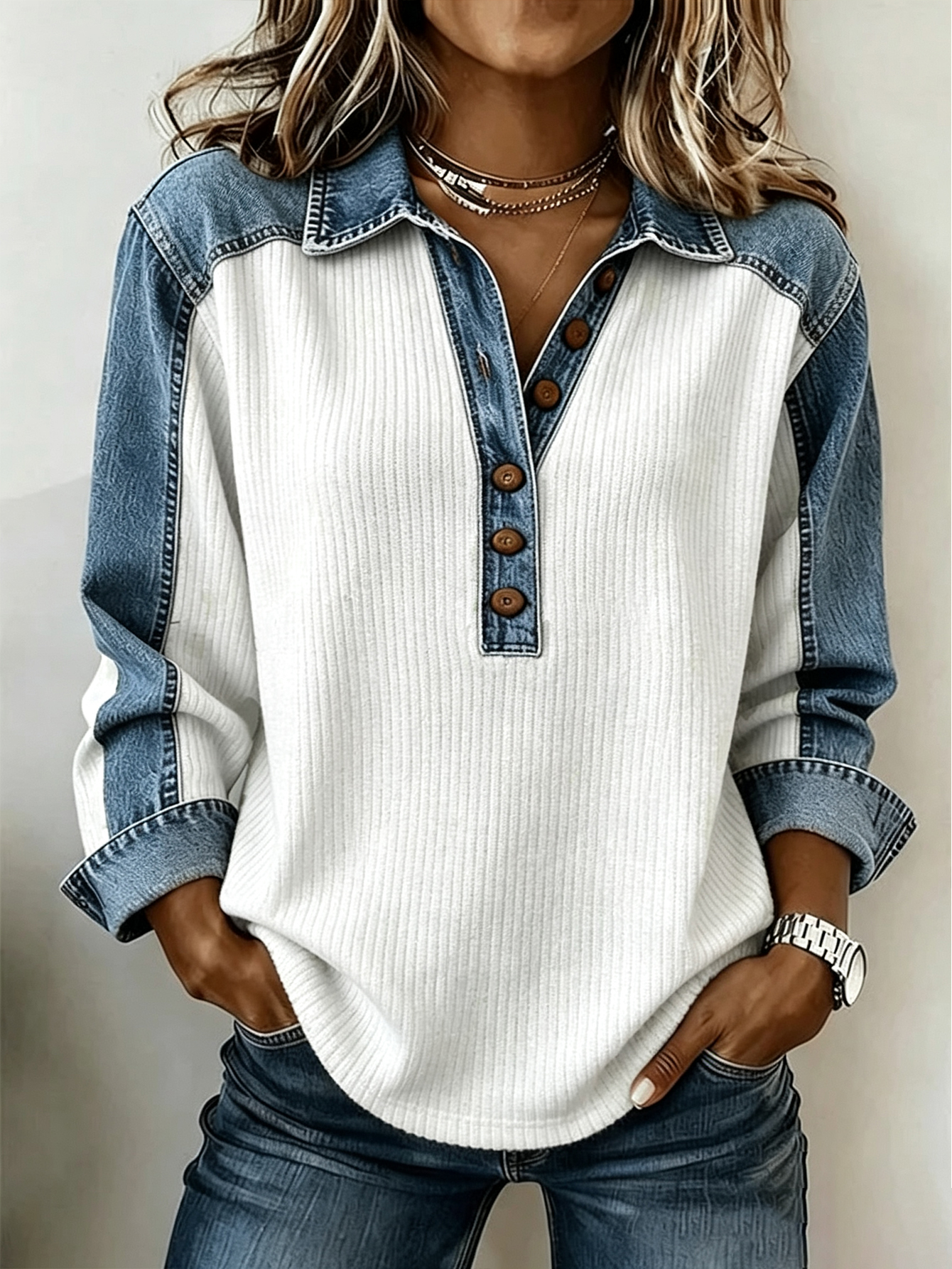 Denim Patchwork Button Henley Collared Ribbed Long Sleeve Top