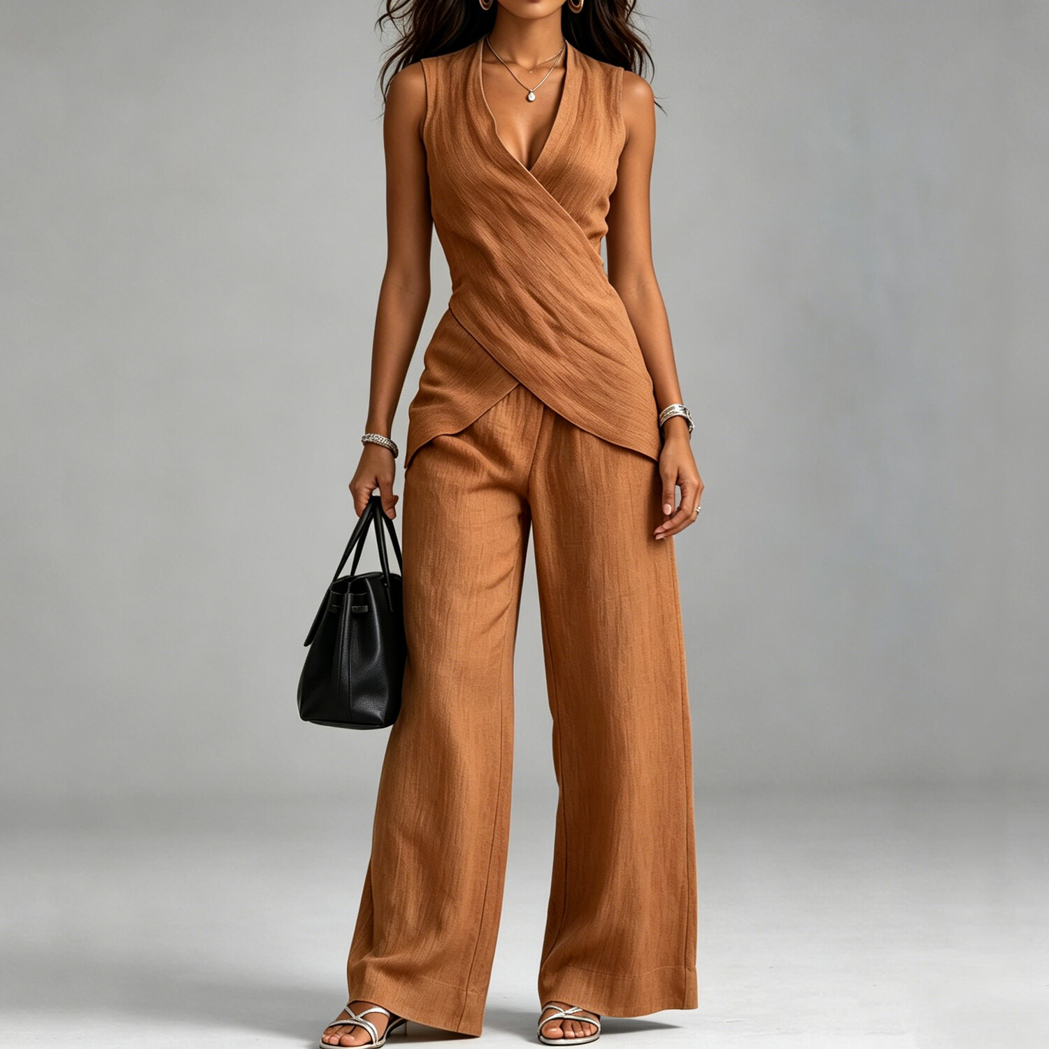 Women's Casual Solid Color Cross V Neck Wrap Asymmetric Hem Tank Top Wide Leg Pants 2Pcs Set