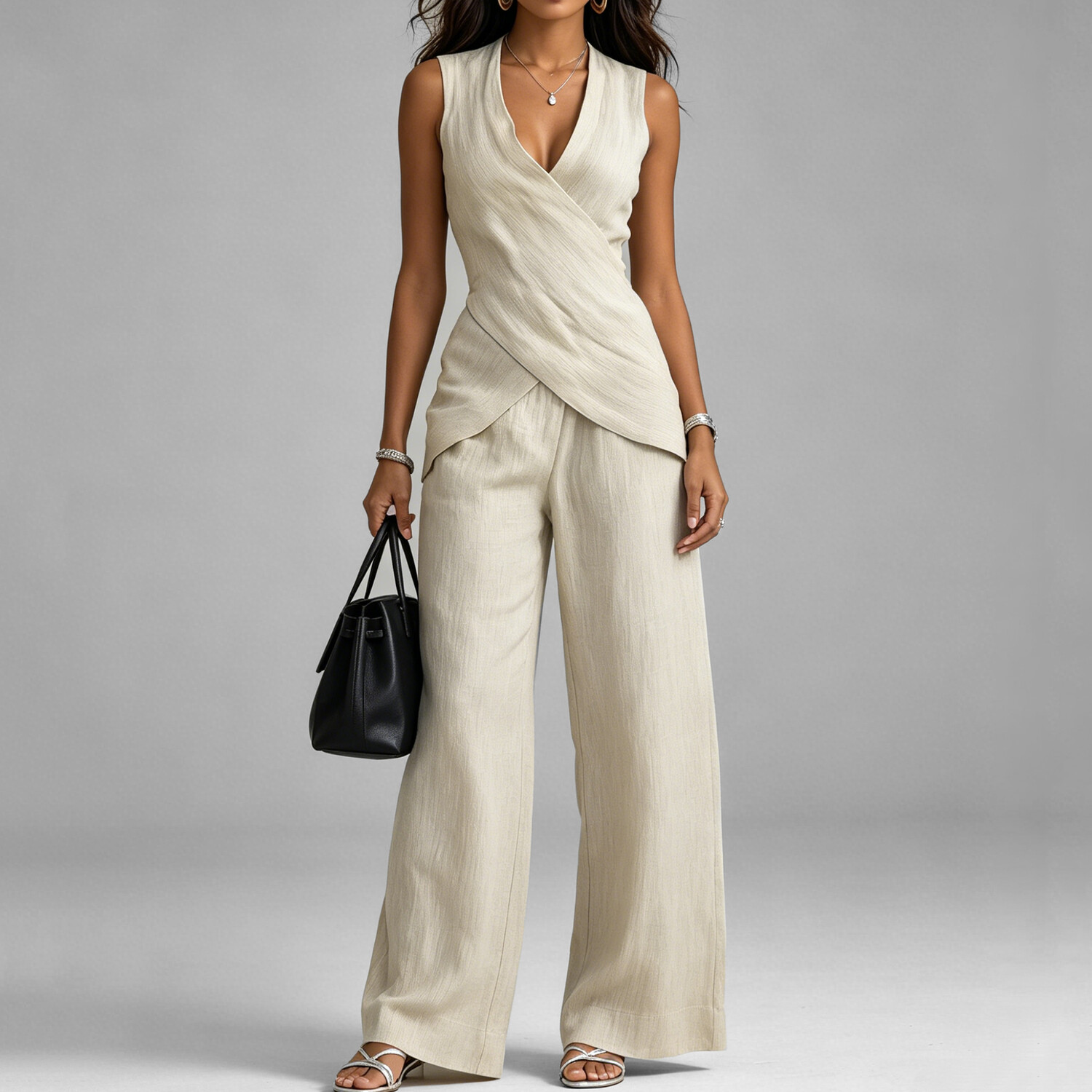Women's Casual Solid Color Cross V Neck Wrap Asymmetric Hem Tank Top Wide Leg Pants 2Pcs Set