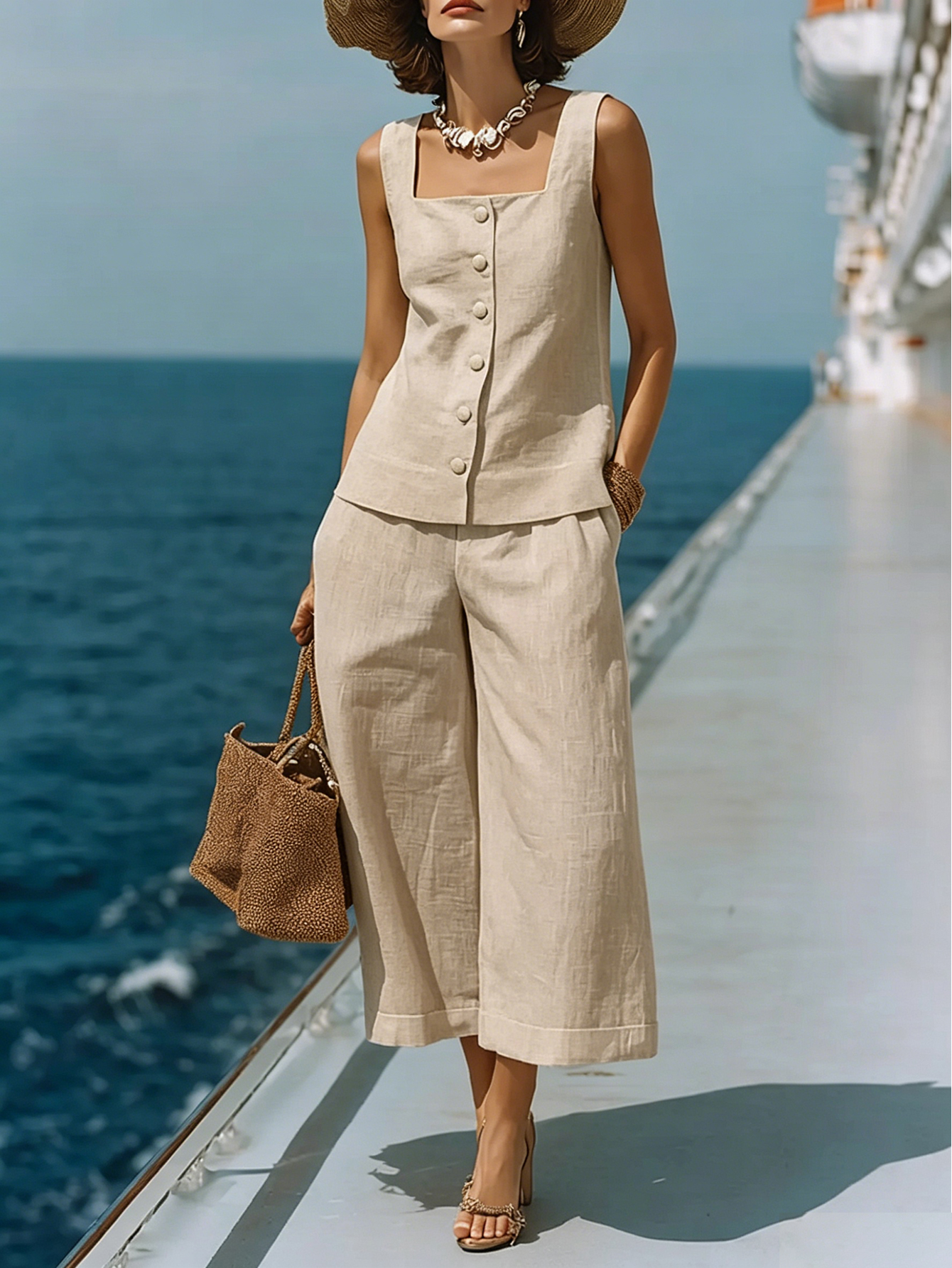 Classic White Cotton-linen Square-neck Top And Capri Pants Set