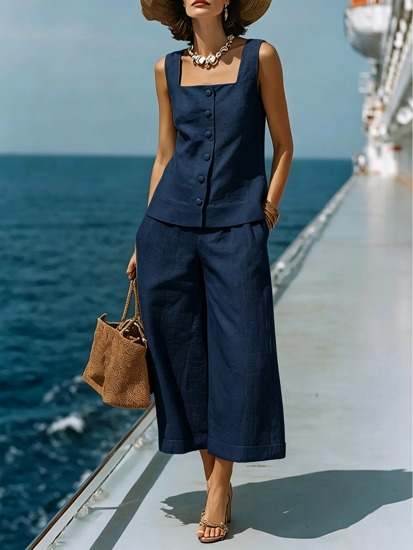 Classic White Cotton-linen Square-neck Top And Capri Pants Set