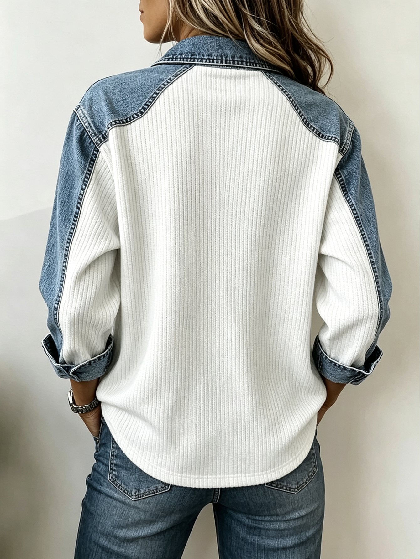 Denim Patchwork Button Henley Collared Ribbed Long Sleeve Top