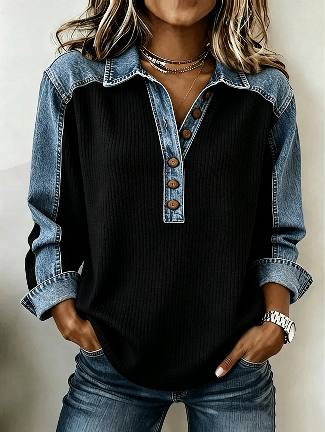 Denim Patchwork Button Henley Collared Ribbed Long Sleeve Top