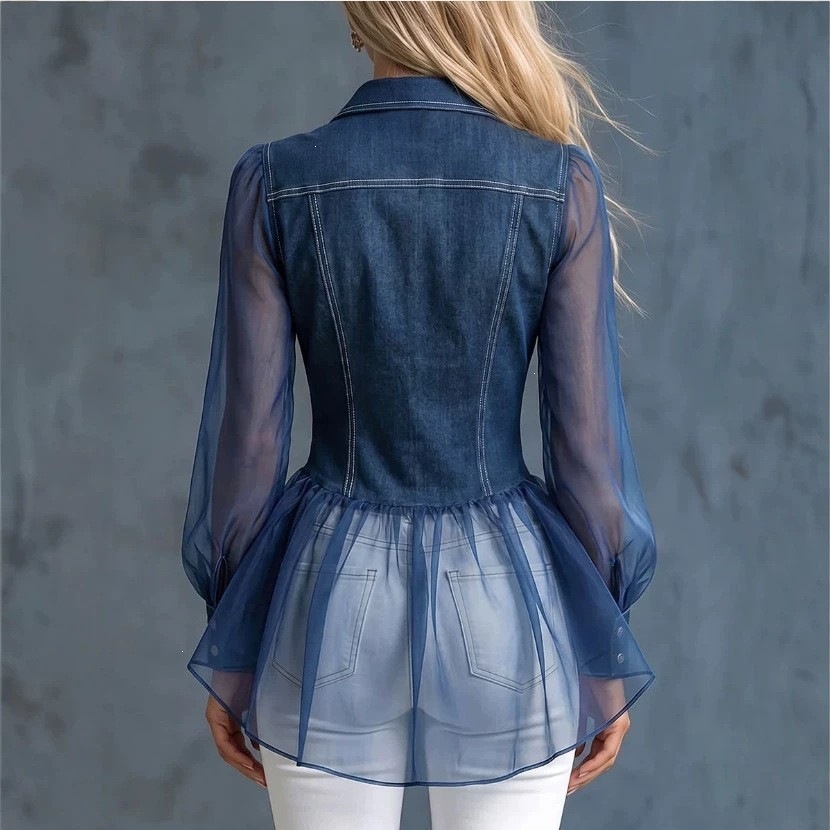 Women's Denim Patchwork Organza See Through Puff Sleeve Button Pockets Peplum Blouse