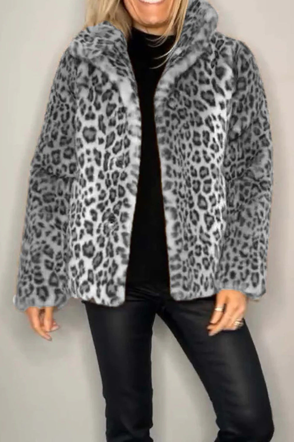 Women  Full Size Leopard Furry Collared Neck Long Sleeve Coat | 5 Colors