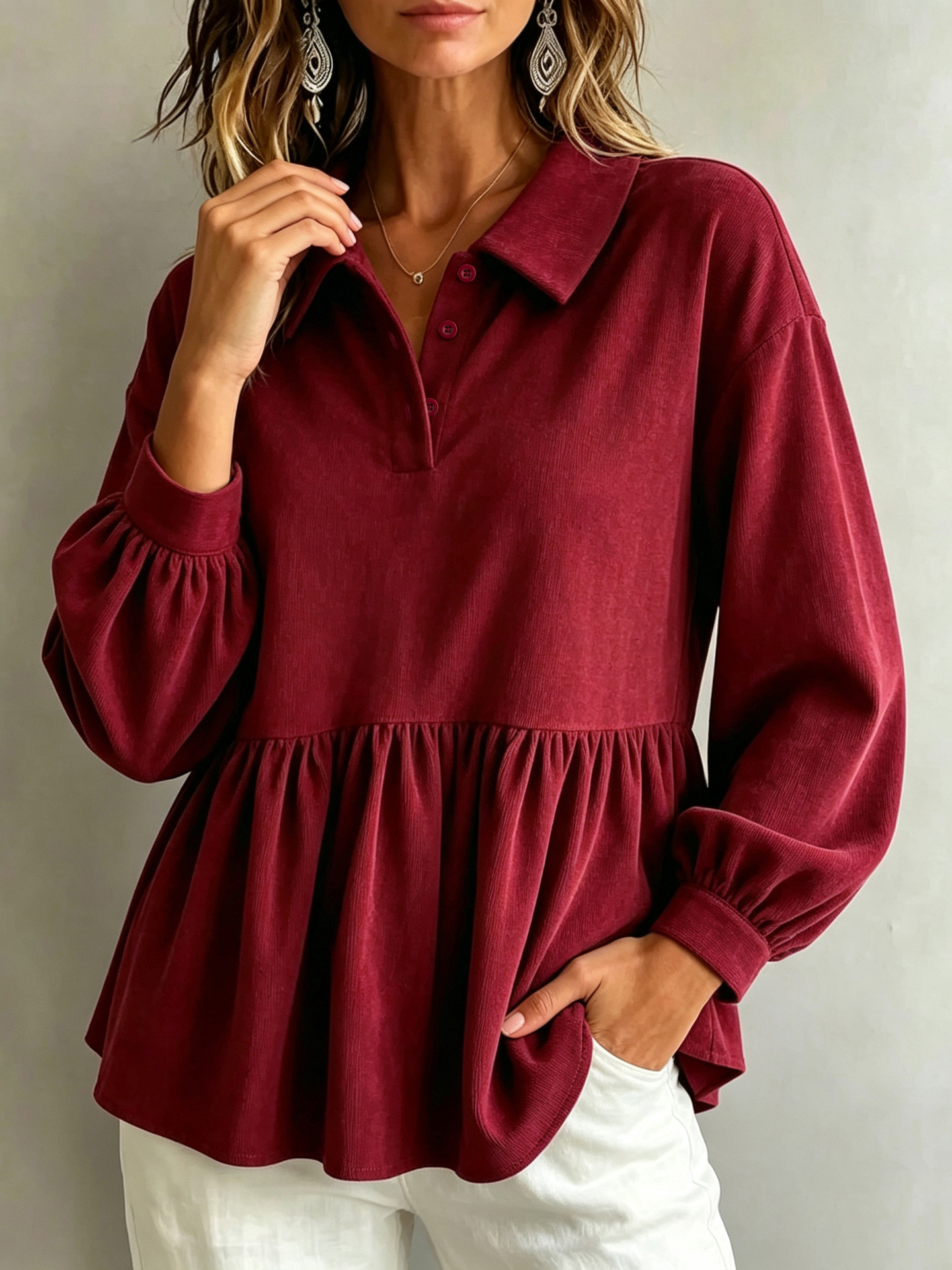 Women Burgundy Collared Peplum Blouse