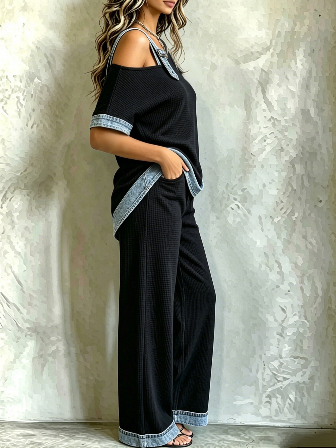 Women's Waffle Knit Denim Patchwork Off-Shoulder 2-Piece Set with Wide Leg Pants
