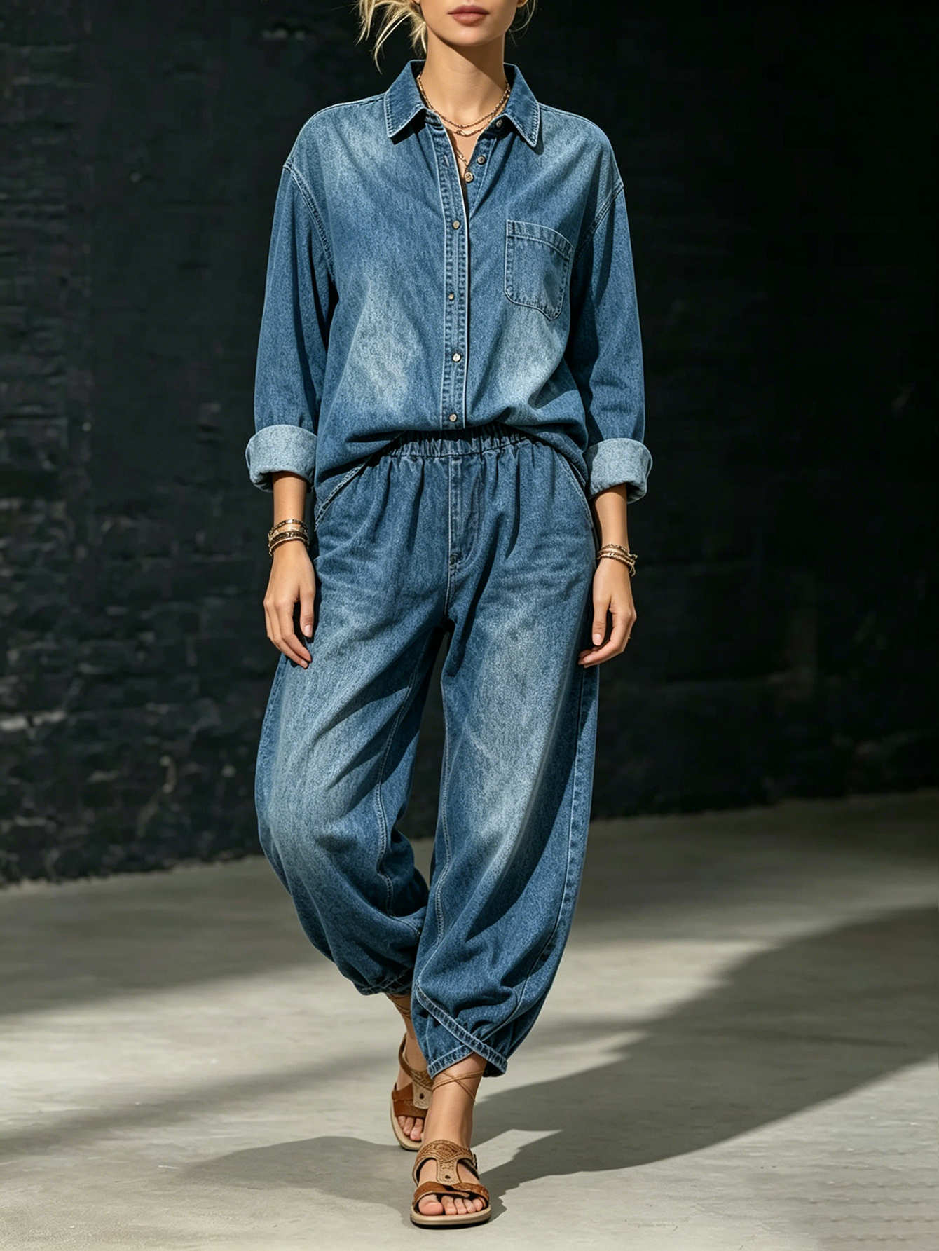 Women's Washed Denim Button-Up Shirt & Wide Leg Jeans 2-Piece Set