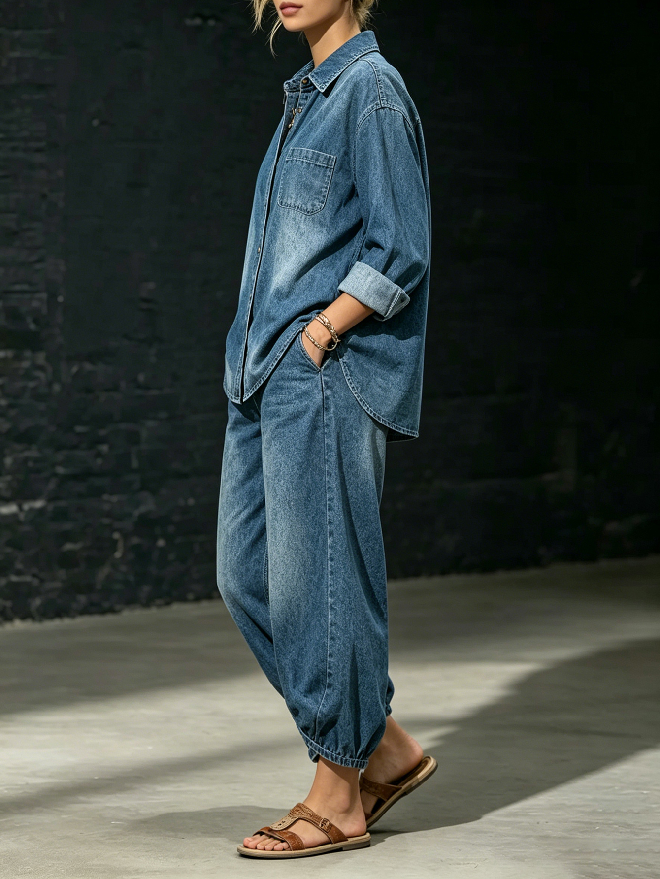 Women's Washed Denim Button-Up Shirt & Wide Leg Jeans 2-Piece Set