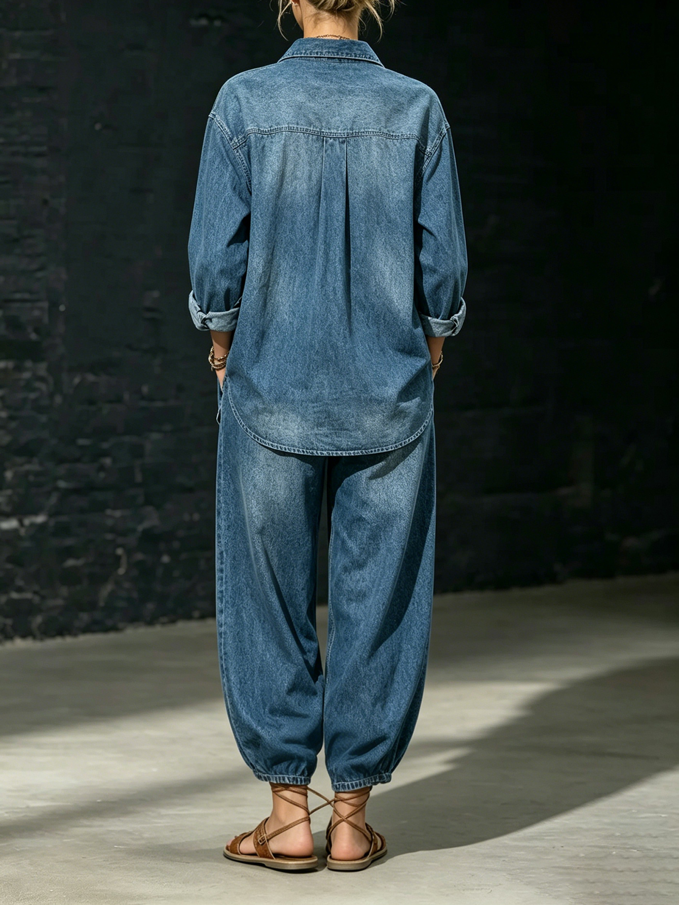 Women's Washed Denim Button-Up Shirt & Wide Leg Jeans 2-Piece Set
