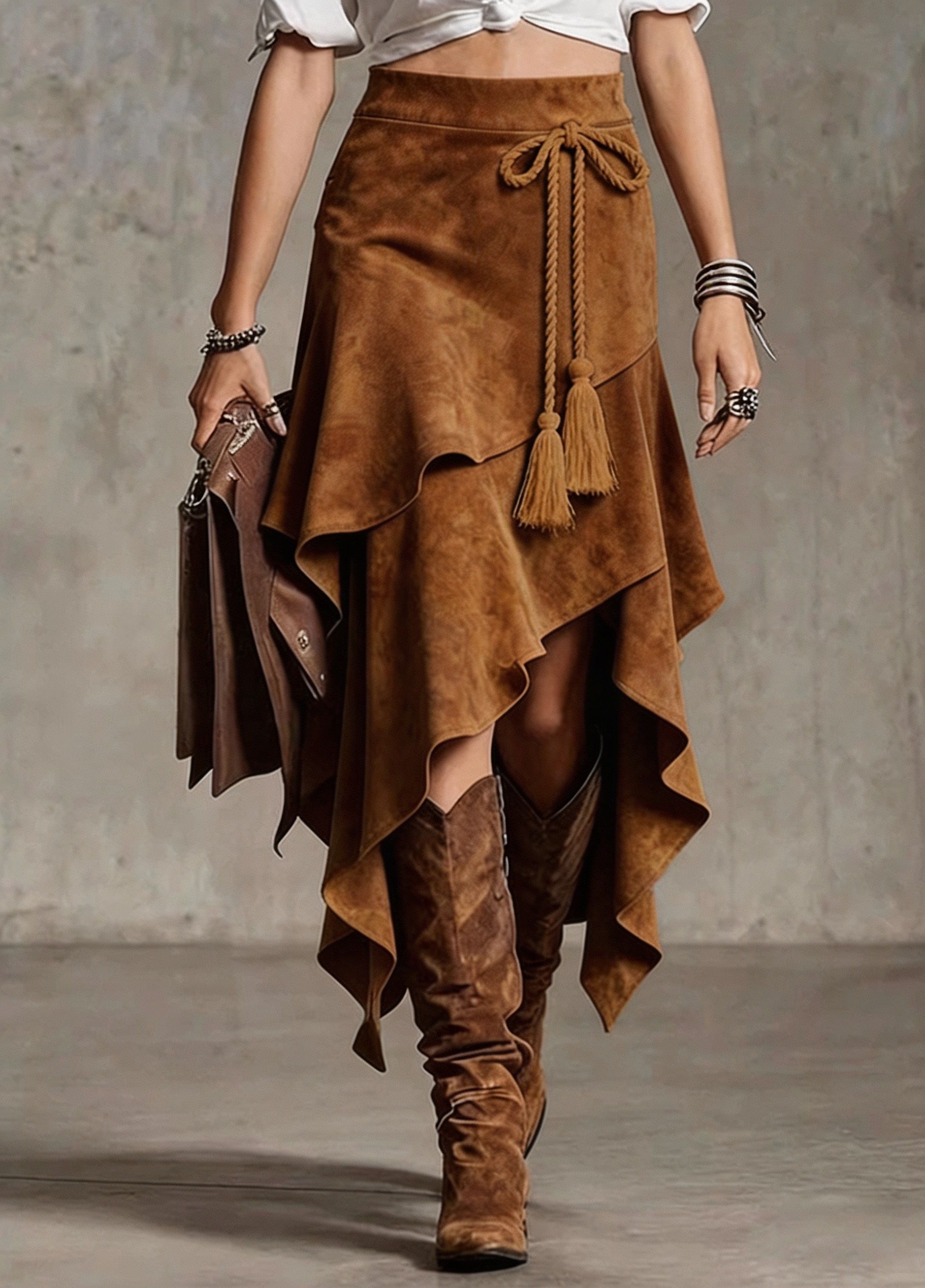 Women Boho Tassel High-Waisted Asymmetrical Skirt