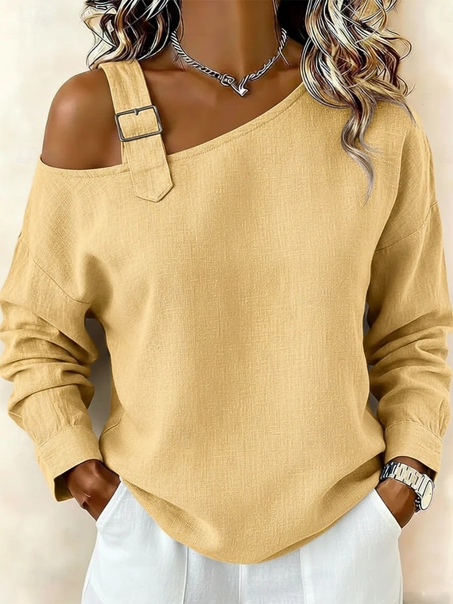 【BUY 2 FREE SHIPPING】Women's Shirt Blouse Off The Shoulder Tops Solid Color Plain Elegant Casual Long Sleeve Off Shoulder Long Tops Casual Light Blue Black White Yellow Pink Spring