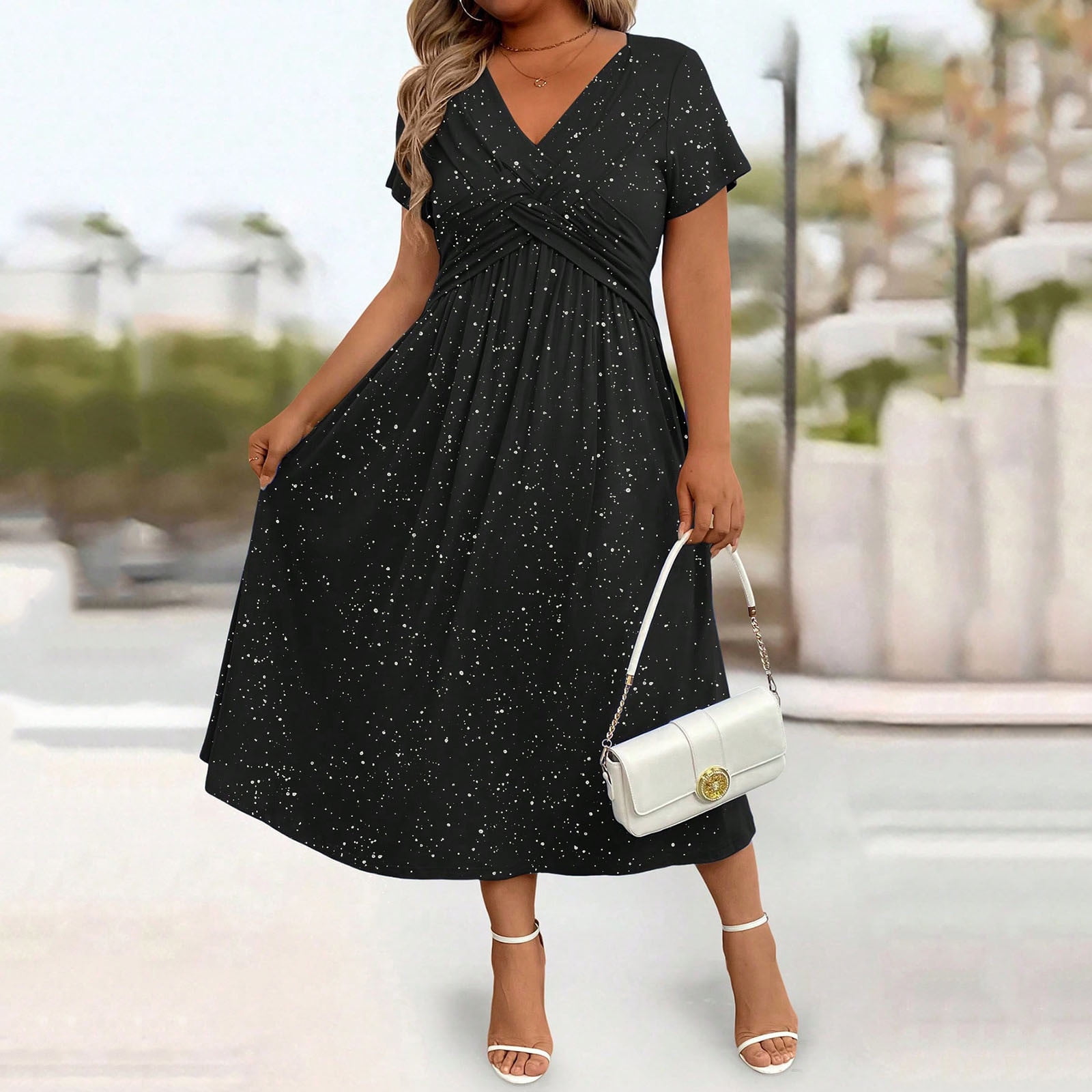 Women V-Neck Short Sleeve Midi Dresses