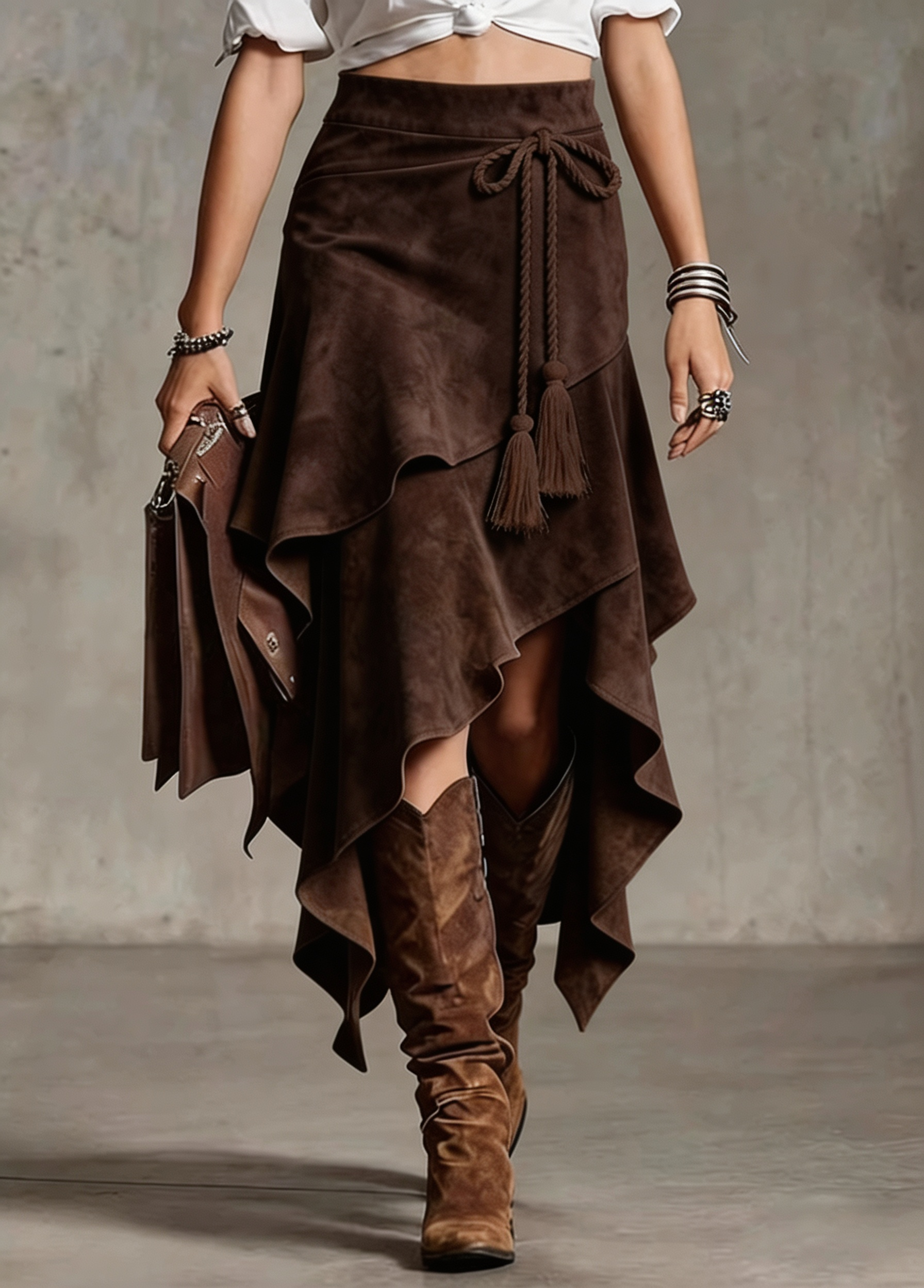 Women Boho Tassel High-Waisted Asymmetrical Skirt