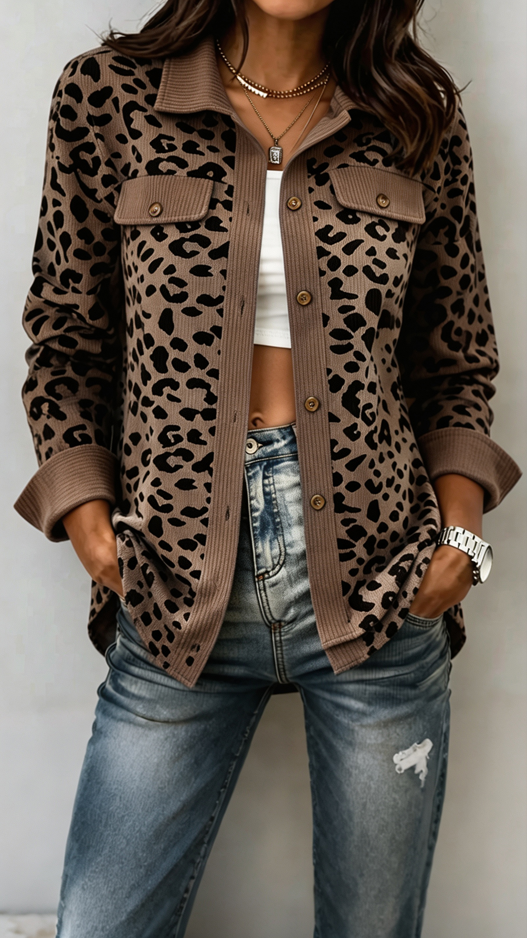 Women Leopard Print Button-Up Knit Jacket