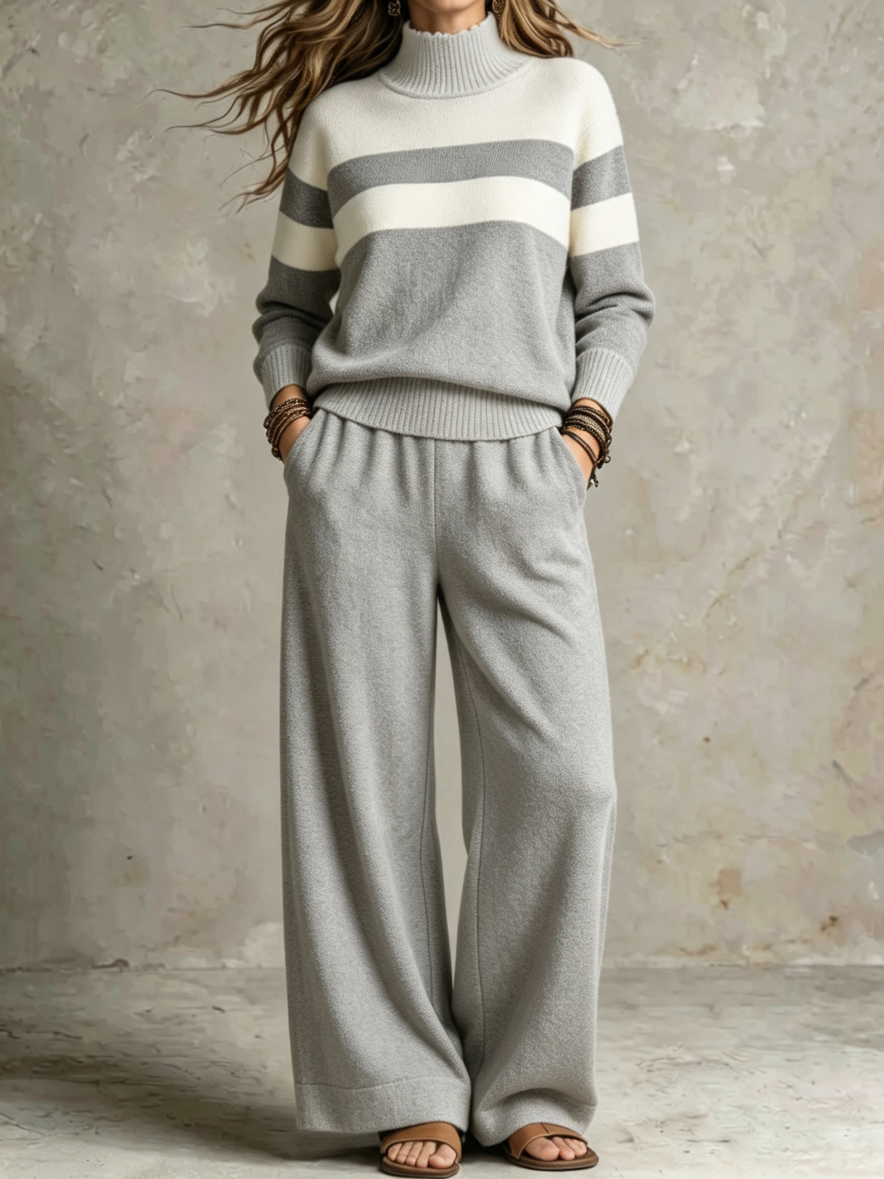 Women Cozy Striped Knit Two-Piece Set