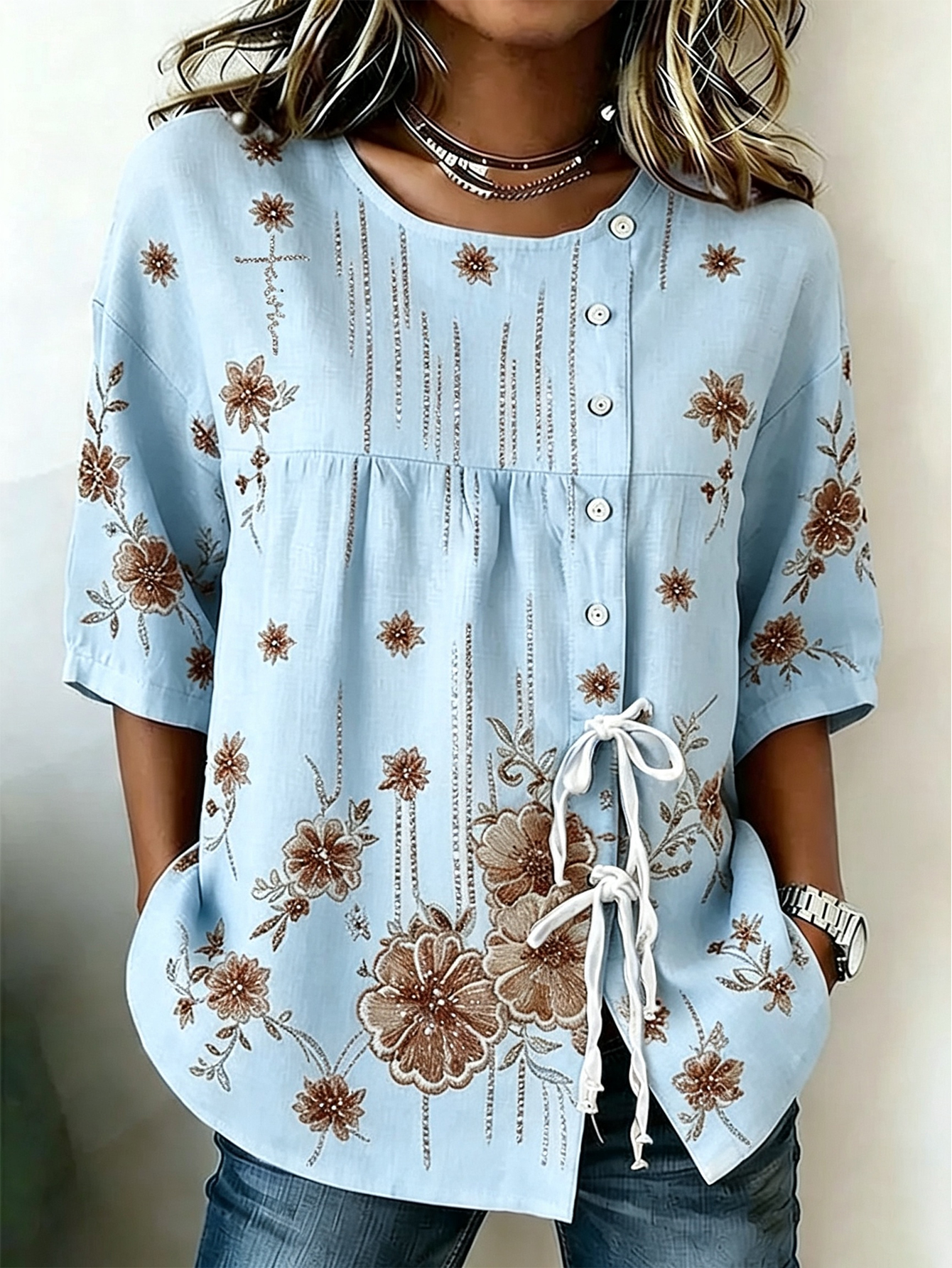 Women's Faith Flower Button Strap Cotton And Linen Shirt