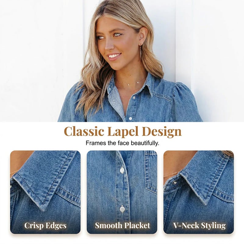 Women's Puff Sleeve Denim Button-Down Blouse