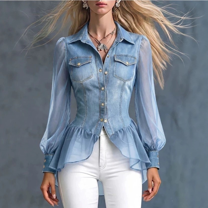 Women's Denim Patchwork Organza See Through Puff Sleeve Button Pockets Peplum Blouse