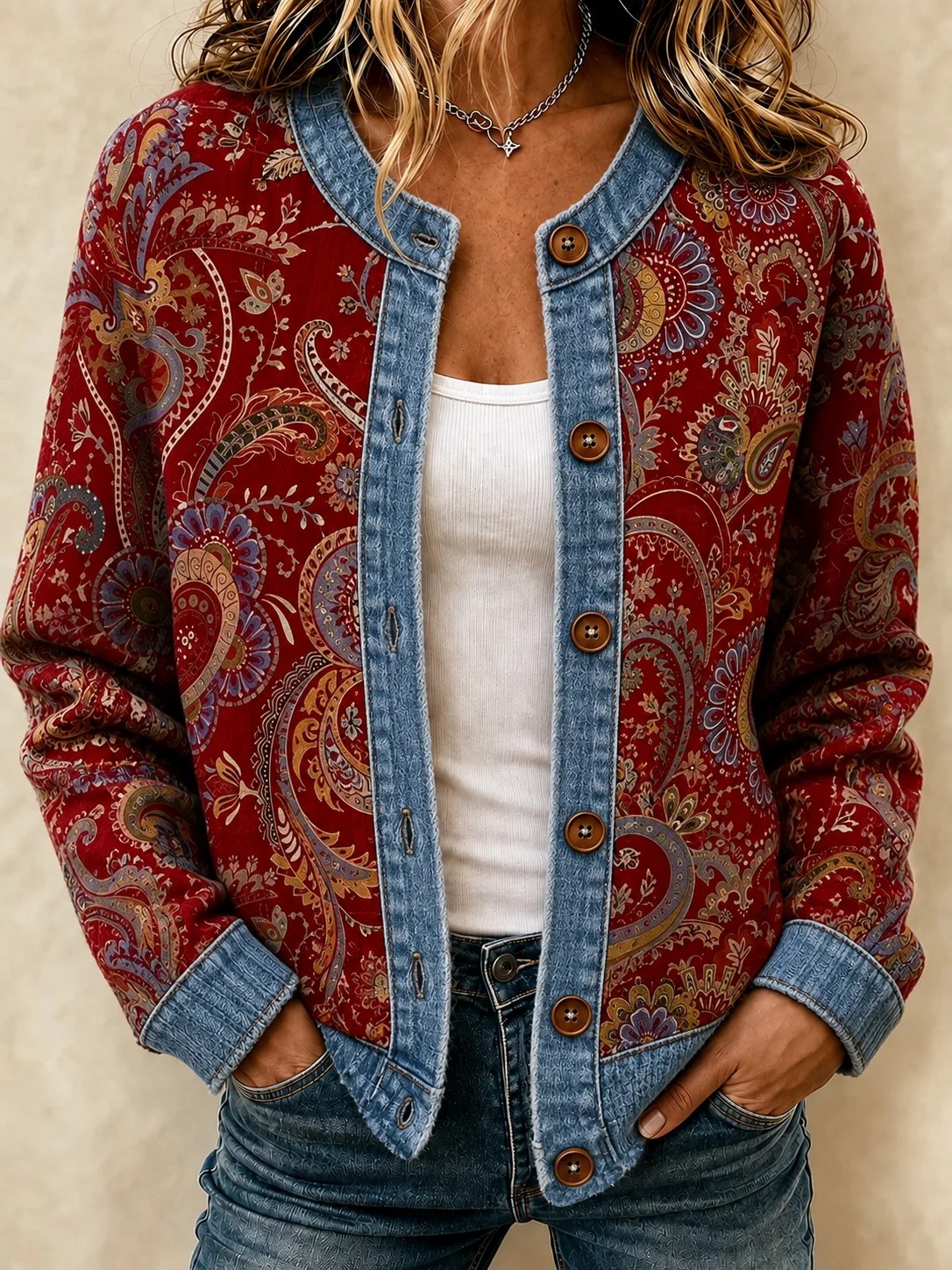 【BUY 2 FREE SHIPPING】⭐Women’s Casual Crewneck Jacket Button Front Paisley Print Long Sleeve Jacket