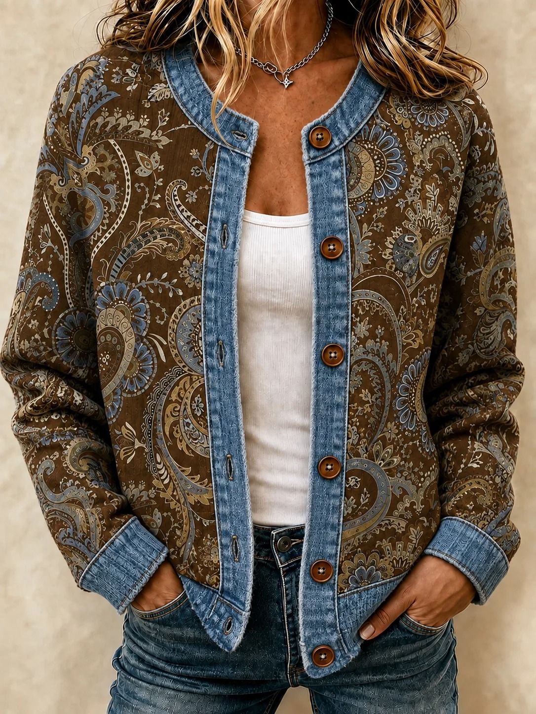 【BUY 2 FREE SHIPPING】⭐Women’s Casual Crewneck Jacket Button Front Paisley Print Long Sleeve Jacket