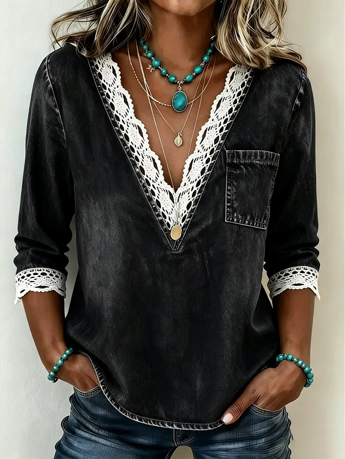 Women'S Casual V-Neck Lace Patch Denim Shirt