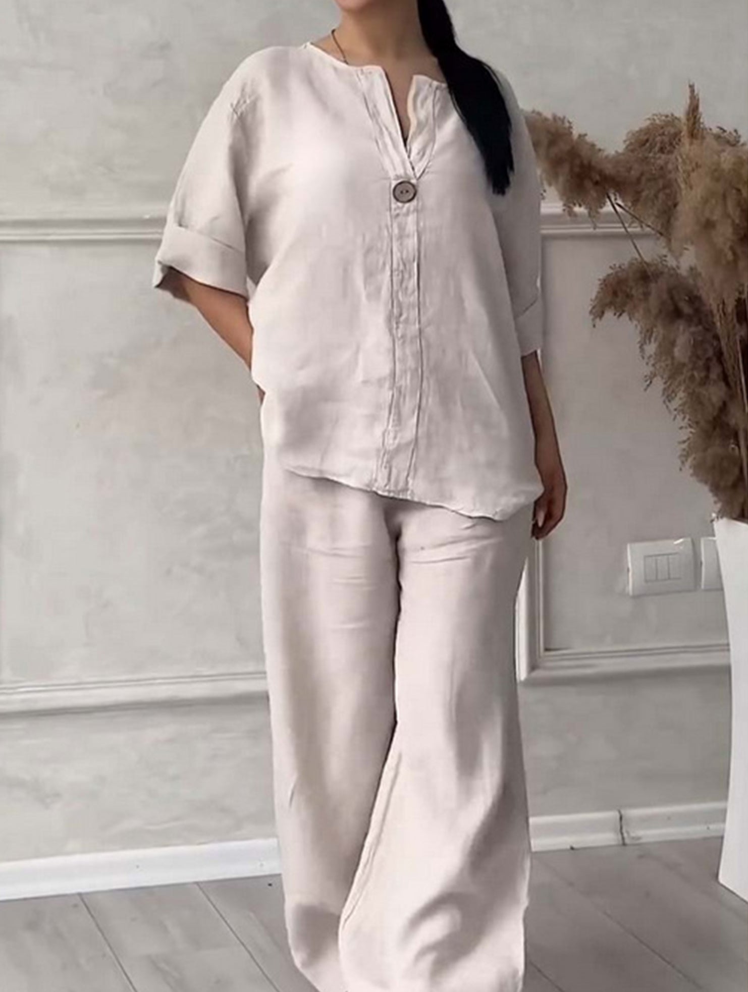 Stylish solid color cotton and linen casual suit trousers