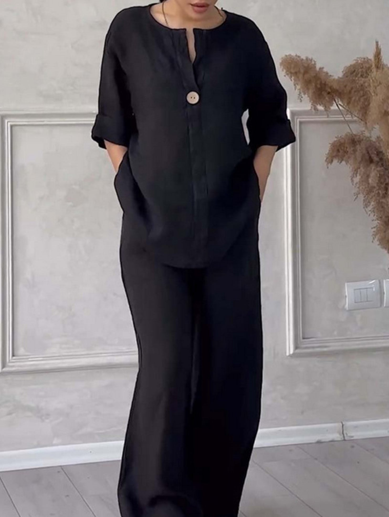 Stylish solid color cotton and linen casual suit trousers