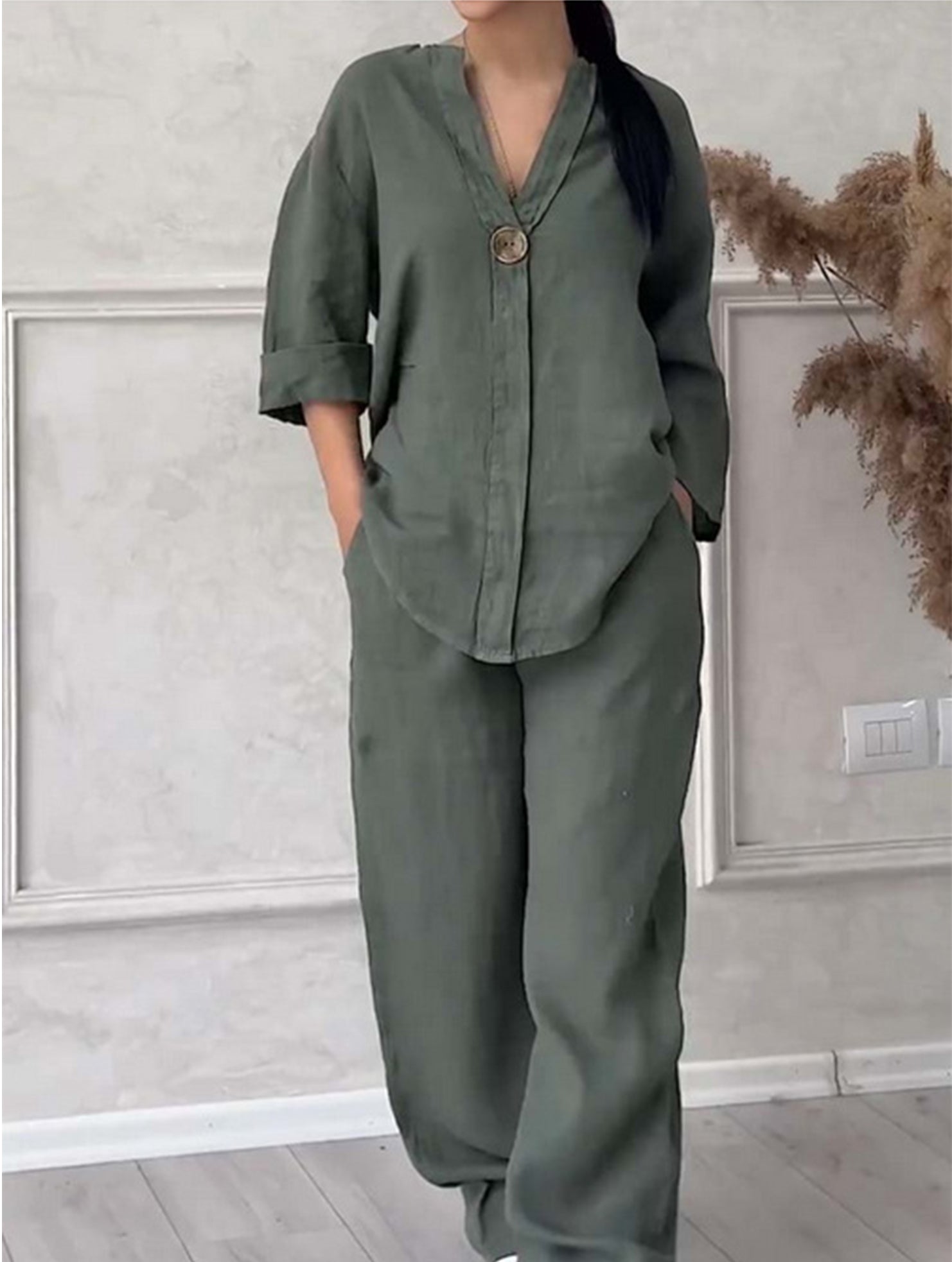Stylish solid color cotton and linen casual suit trousers