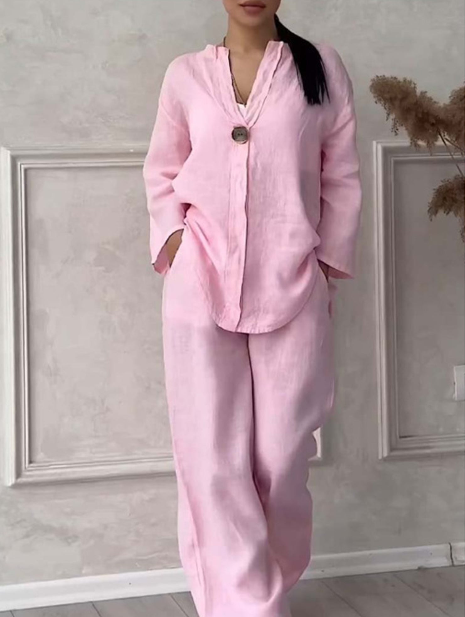 Stylish solid color cotton and linen casual suit trousers