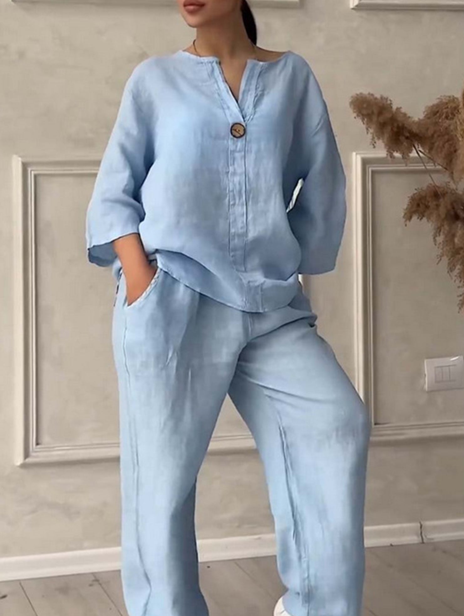 Stylish solid color cotton and linen casual suit trousers