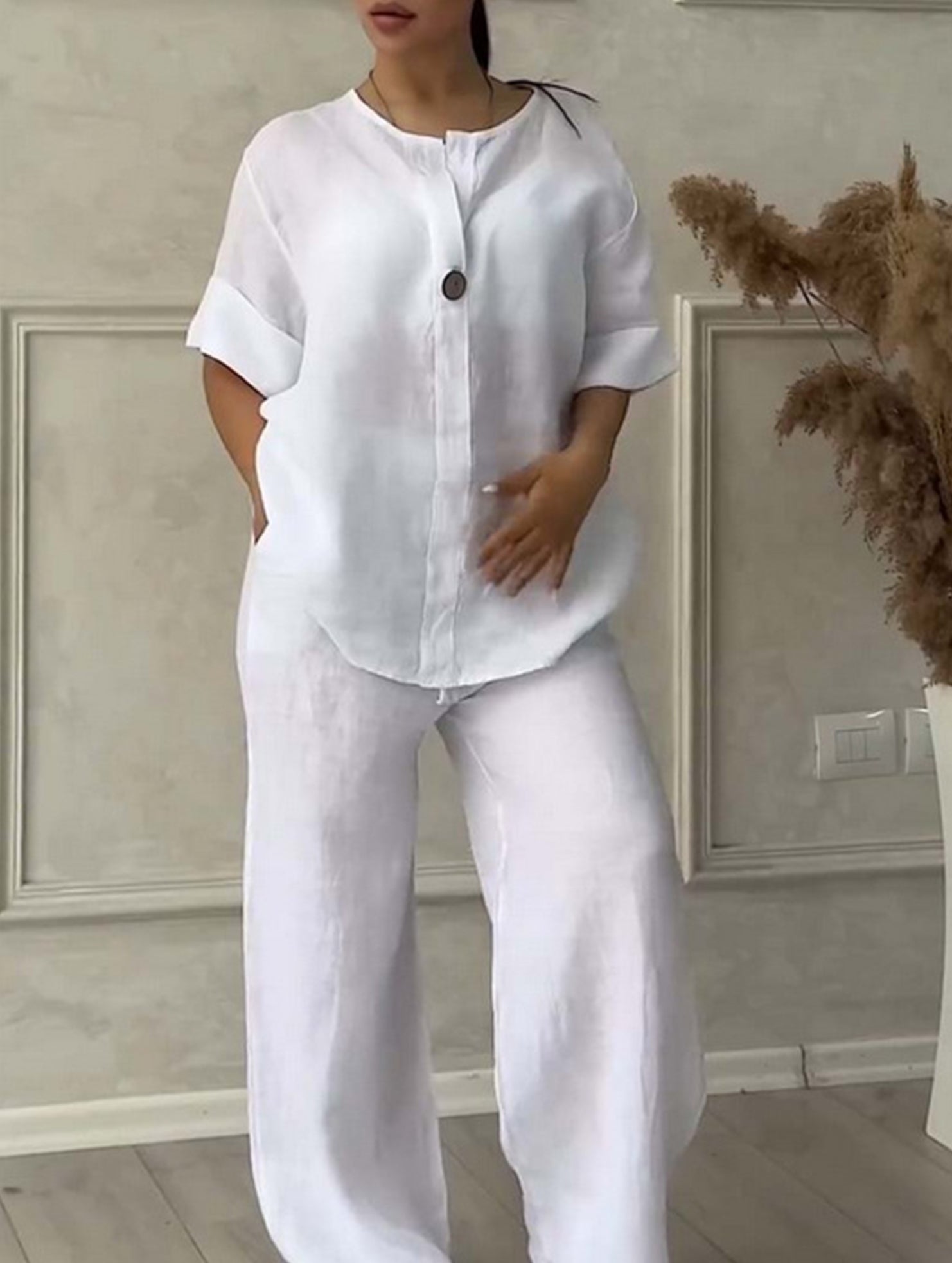 Stylish solid color cotton and linen casual suit trousers